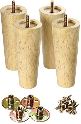 GOSCHE Lot de 4 pieds de meubles en bois massif coniques avec plaque de montage, vis, tapis antidérapants pour canapé, lit, table basse, chaise, placard, table de chevet - 15 cm