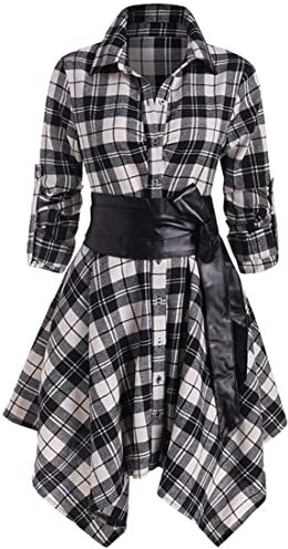 OLIPHEE Women's Shirt Dress Check Tartan Shirt Long Sleeve Blouse Mini Dress Long Top Waist Belt Plaid Shirt Skirt Black XXL