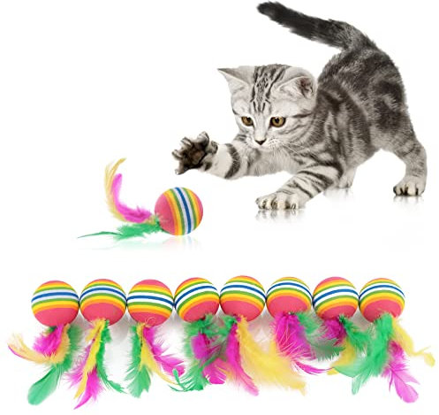 Molain Katzenspielzeug, Bälle mit Feder, Regenbogen-Katzenbälle, interaktives Kätzchenspielzeug, bunte Bälle für drinnen und draußen, Kätzchen, Kätzchen, Kätzchen, Kätzchen, Training, Jagd, mehrfarbig