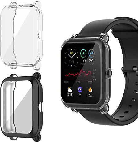 ToVioc Funda Compatible con Amazfit GTS 2 Mini Protectora Todo Incluido, [2 Piezas] [Flexible TPU] [Anti-Rasguños] Cáscara Protectora para Amazfit Pop Pro - Negro & Transparente