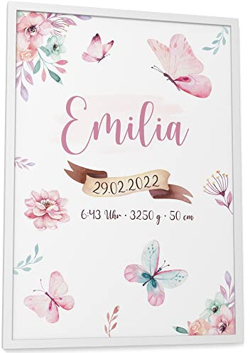 Papierschmiede® Geburtsbild, Name & Geburtsdaten personalisiert, DIN A3 im Rahmen aus Echtholz (weiß), Geburtsposter, Geburtsanzeige, Baby Geschenk Poster Geburt - Schmetterlinge Rosa Mädchen