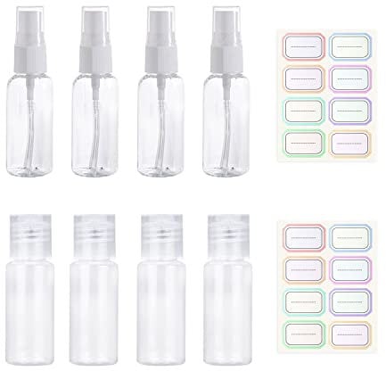 8 Stück 20 ml transparente Reiseflaschen Sprühflaschen Behälter tragbarer Sprühbehälter für Frauen Männer Reisen nachfüllbare Kosmetik Toilettenartikel mit 2 Blatt gratis Etiketten