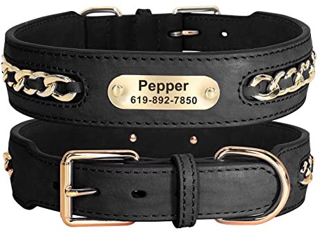 Didog Hundehalsband aus echtem Leder, geflochtenes Leder, personalisiert mit graviertem breitem Namensschild, verstellbare und langlebige Hundehalsbänder für kleine, mittelgroße Hunde, schwarz, M