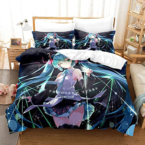Hatsune Miku Cartoon hübsches Mädchen 3D-gedruckter dreiteiliger Bettbezug Kissenbezug Bettwäsche Einzel-Doppel-Kingsize-Bett Heimdekoration