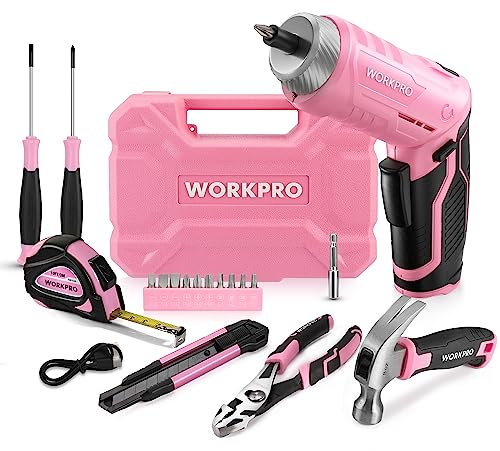 WORKPRO Electric Screwdriver kit with Home Tools, 18PCS Pink Tool Box Set Includes 3.7V rechargeable Cordless Screwdriver. Household tool kit for Dorm, Garage