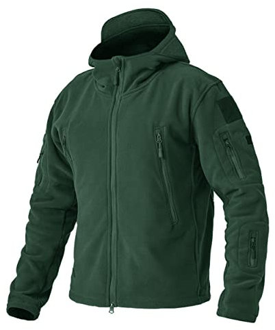 EKLENTSON Men's Windproof Military Fleece Combat Jacket Zip Pockets Tactical Hoodies Coat Dark Green,L