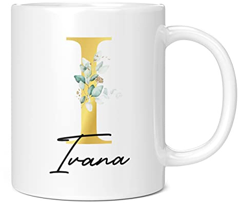 Personalised Letter I Floral Mug Initial with Name, Customised Gift, Gold Effect Printed Letter, NOT Metallic - Ceramic Coffee Cup for Men or Women, Extra Large and Giant Mug, 11oz White Cup