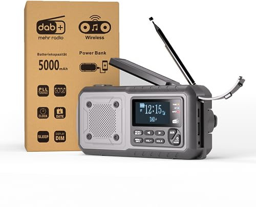 Acta Berg Radio à manivelle DAB+/FM - Radio d'urgence avec manivelle et batterie de 5000 mAh - Radio solaire avec réveil - Manivelle Blackout - Équipement d'urgence - Comme lampe de poche et chargeur
