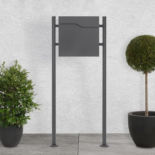 ECD Germany Standbriefkasten mit Zeitungsfach, Design Briefkasten mit Pfosten, Briefkastenanlage, Briefkastenständer Anthrazit 120cm Edelstahl pulverbeschichtet, Postkasten Anthrazit 37x37cm Edelstahl