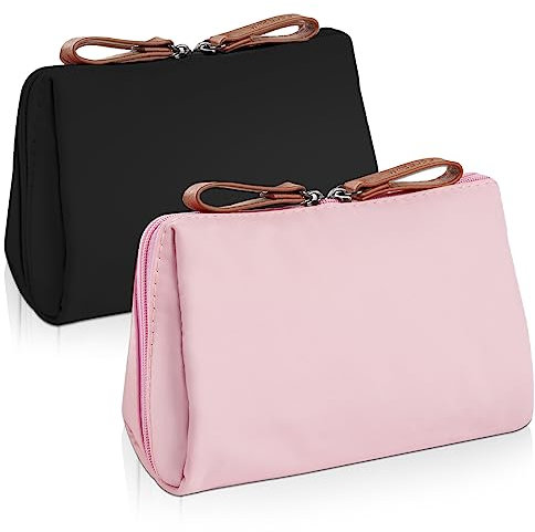 Aucuu Kosmetiktasche, 2 STK Kleine Make up Taschen mit Trennwand Tasche, Mini Reise Kulturbeutel mit Doppeltem Reißverschluss, Damen wasserdichte und Leichte Handtasche Kosmetiktasche(Schwarz&Rosa)