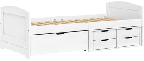vidaXL Tagesbett, Gästebett mit 5 Schubladen, Sofabett Holzbett Latten-Design, Bettgestell Schlafsofa für Schlafzimmer Wohnzimmer, Weiß 90x200cm Massivholz Kiefer