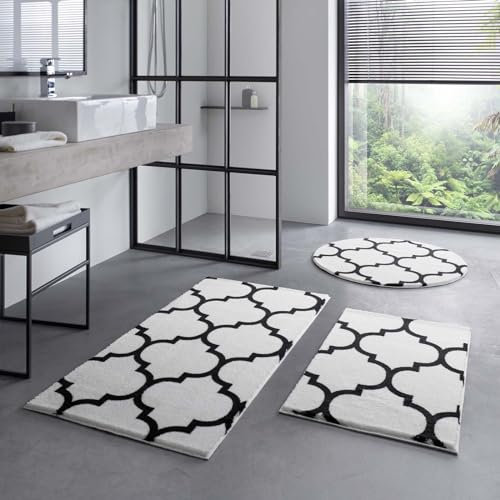 Taracarpet Badematte Badteppich für das Badezimmer waschbar in der Waschmachine Florentiner Muster Weiss Schwarz 080x150 cm