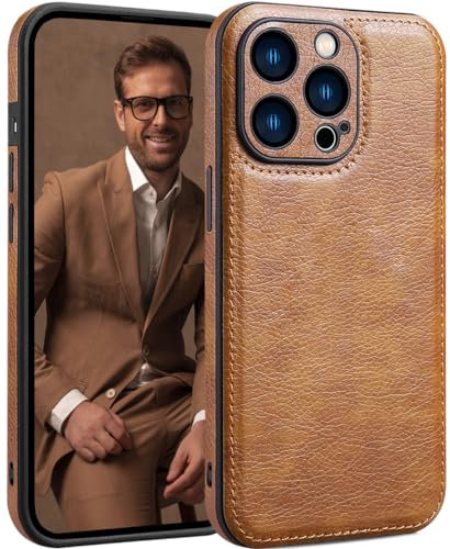 SOUTEM für iPhone 15 Pro Hülle Leder, Vintage Klassisches PU-Leder Luxus Business Kamera Rahmenschutz Hülle, Weiche rutschfeste Griff Anti-Kratzer Stoßfeste Hülle für iPhone 15 Pro(Braun)
