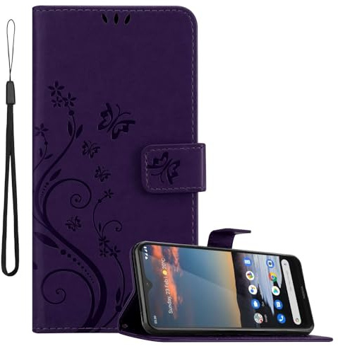 Cadorabo Hülle kompatibel mit Nokia 5,3 Blumen Design aus Premium Kunst Leder Flip Klappbare Stoßfeste Magnetische [Standfunktion] [Kartenfächern] Cover Case für Nokia 5,3 Tasche in Lila