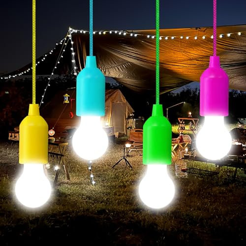 CHENBEN Battery Operated Lights Bulb Battery Led Rope Lights Pull Cord, Portable Battery Light Bulb, Camping String Lights, 4pcs Christmas Hanging Lights(Yellow+Blue+Pink+Green)