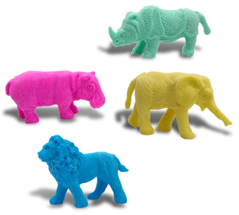 4 Stück Radiergummis für Kinder, Tiere des Savannenzoos, preisgekrönte Künstler und Büro, Gastgeschenke, Geschenk für Geburtstagsfeiern, Löwe, Elefant, Nilpferd, Nashorn