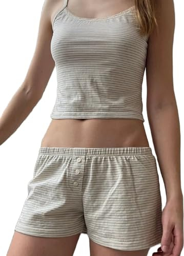 Betrodi Women 2 Piece Pajama Outfits Sleeveless Floral Print Crop Cami Top Low Waist Shorts Pj Lounge Set Y2k Sleepwear (Creamy White, M)