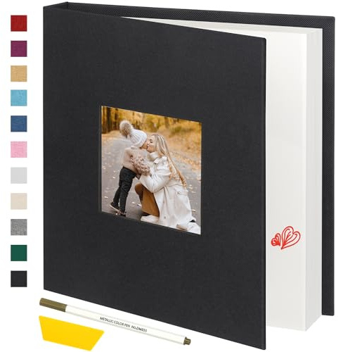 Miaikoe Großes Fotoalbum, selbstklebend, für 10 x 15 cm, 12 x 17 cm, 20 x 25 cm, 40 Seiten, Leineneinband, Album mit Sichtfenster, DIY-Buch mit Metallic-Stift und Schaber (schwarz)