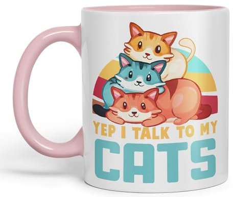 Vixar Yep I Talk to My Cats cat Sarcastic Joke Ceramic Coloured Mug Cup for Tea Coffee Hot Brew 330ml 11Oz (Pink)