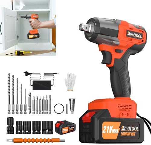 DayPlus Akku-Schlagschrauber Set 1/2 Zoll, Akku Drehschlagschrauber mit 1 x 21V 6.0Ah Akku, 450 Nm Drehmoment, Variable Geschwindigkeit, LED-Leicht, Orange