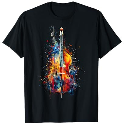 Aufrechtes Bassinstrument auf bunt lackiertem Kontrabass T-Shirt