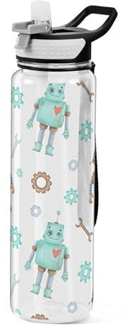 Sevdomey Cute Cartoon Robots Water Bottle with Straw Lid Clear Leakproof Gym Water Bottles for Outdoor Sport Drinking Fitness Workout Travel, 32 oz