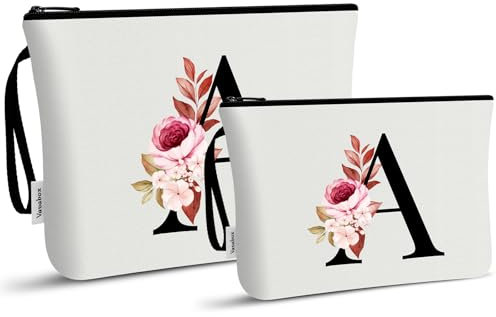 Vavabox Beauty case con iniziali personalizzate dalla A alla Z, regalo di compleanno per donne, regalo per sposa, damigella d'onore (A, 02-Bianco 2 Pezzi)