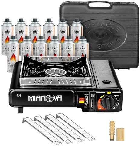 Taffstyle Réchaud à gaz 2 en 1 GPL - Réchaud de camping - Réchaud à gaz d'extérieur - Barbecue d'urgence - 1 feu - Mallette - Protection contre le vent - Cartouches de gaz - Noir - 12 bouteilles de