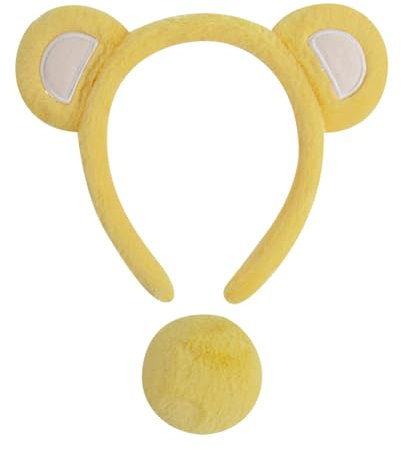 2 Stück Bär Cosplay Set Plüsch Bär Ohren Stirnband Niedlicher Bär Schwanz Flauschige Tierohren Haarband Tierohren Haarreifen Bär Kostüm Zubehör für Halloween Party Gelb