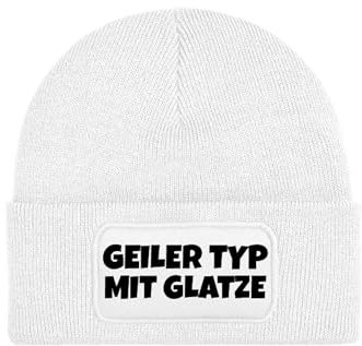 NIMAMA Mütze Beanie Geiler Typ mit Glatze Wintermütze Statement Spruch Print Geschenk Unisex Strickmütze für Herren und Damen - Weiß