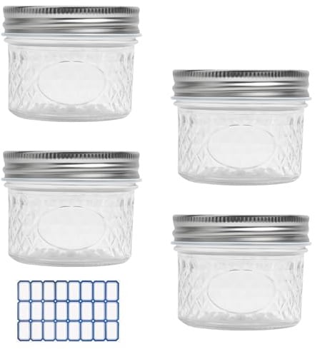 4PCS Récipients en Verre avec Couvercle,120 ML Boîtes à Provisions en Verre avec Étiquette Autocollante Bleue Meal Prep Bocaux Mini Bocaux Mason Jar pour Yaourt, Confiture, Épices