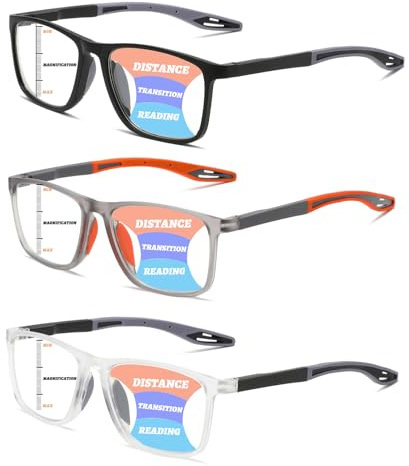 Hubeye TR90 Sports Reading Glasses for Men and Women Square Comfortable Flexible Blue Light Blocking Computer Reader (Black+Orange Grey+Transparent, 2.25)