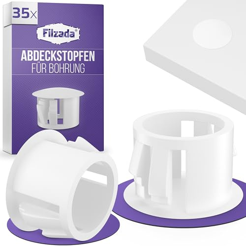 Filzada® 35x Blindstopfen Bohrloch D10mm mit Halteclip - Abdeckkappen Weiß | Lochstopfen Kunststoff Abdeckkappen für Bohrlöcher - Abdeckstopfen Polyamid - witterungsbeständig - für Möbel, Schrank, Regal