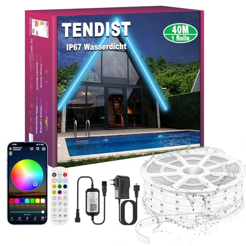 TENDIST 40M IP67 RGB LED Streifen Aussenbereich Wasserdicht, Bluetooth Outdoor LED Strip mit App, Remote und Music Sync, Lichtband Selbstklebend für Garten, Balkon, Terrasse, Festival (40M*1)