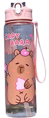 Botella de agua de Capybara 750 ml Botella de agua Kawaii transparente con tazas para beber fugas de paja con mango para mujeres Sports Camping Picnic Camiseta Viajamiento, Estilo 3, caminata de camp