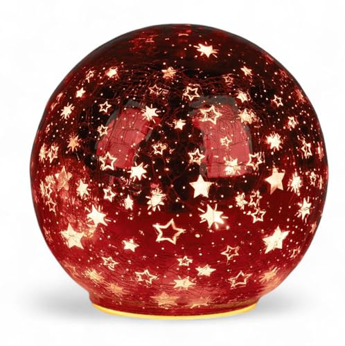 formano LED Deko-Kugel 15 cm Sterne Rot Glaskugel Timer 6h/18h beleuchtete Deko - inkl. 3 AA Batterien - glänzende Crackle-Optik - Herbst Winter Weihnachtsdeko für Tisch Regal Fensterbank