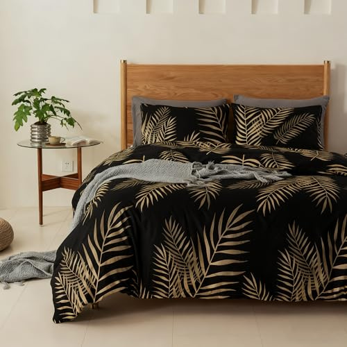 Luowei Bettwäsche 135x200 cm 2-teilig Mikrofaser Modern Blättern, Schwarz | ÖEKO-TEX Ästhetisches Design Bettwäsche Set Weich Kuschelig Sommer Bettbezug mit Reißverschluss und Kissenbezug 80x80cm