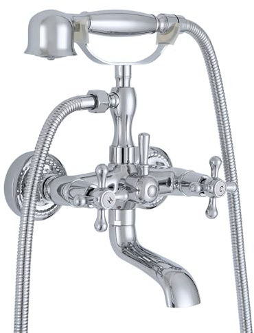 OUGOO Retro Badewannenarmatur mit Handbrause | Messing Wasserfall Telefonbrause-Set mit zweigriffarmatur, Mischbatterie Badewanne Armatur Antike, Chrom