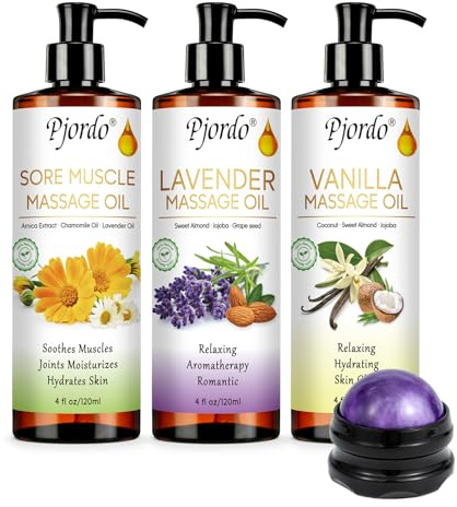 Pjordo Massage Oil Set for Massage Therapy (3x120ml), Vanilla Oil, Sore Muscle Arnica Oil, Lavender Massage Oil for Skin, Massage Roller Ball, Relaxing Massage Kit, Spa Gift Set for Him Her