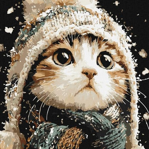 IDEYKA Malen nach Zahlen - Schneekatze ©art_selena_ua Malen nach Zahlen für Erwachsene, einfaches Acryl-Malen nach Zahlen für Erwachsene, mit rahmen,DIY als Geschenk, 40x40 cm