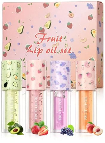 4 Stück Lipgloss Set, Lip Oil Set, Feuchtigkeitsspendendes Lippenöl, Lippenpflegeset mit Fruchtgeschmack, Geeignet für Frauen und Mädchen