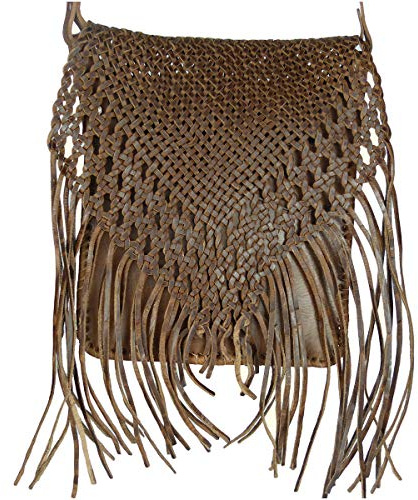 Simandra Leder-Tasche „Indian“ 30x25cm braun • marokkanische Umhängetasche mit Fransen in Flecht-Optik • 100% Handarbeit • Handtasche 2 Fächer Aktentasche Bürotasche Abendtasche