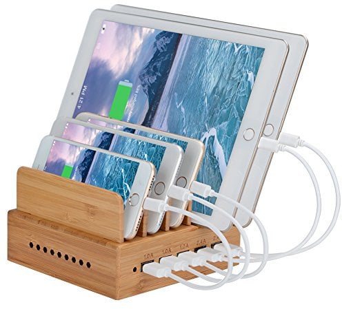 Yisen Wood 5-Port Charging Station stand Organizer for Cell Phones and Tablets (built-in charger and 5 cables)