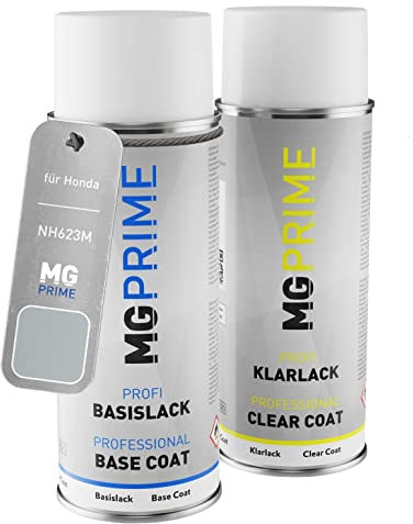 MG PRIME Autolack Sprühdosen Set für Honda NH623M Satin Silver Metallic Basislack Klarlack Spraydose 400ml