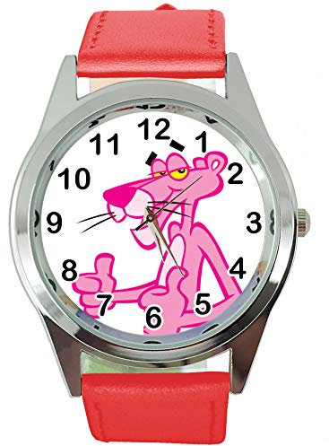 Taport® The Pink Panther Quarz-Armbanduhr, rund, SCI FI, echtes Lederband, inklusive Ersatzakku und Geschenkbeutel, Rot