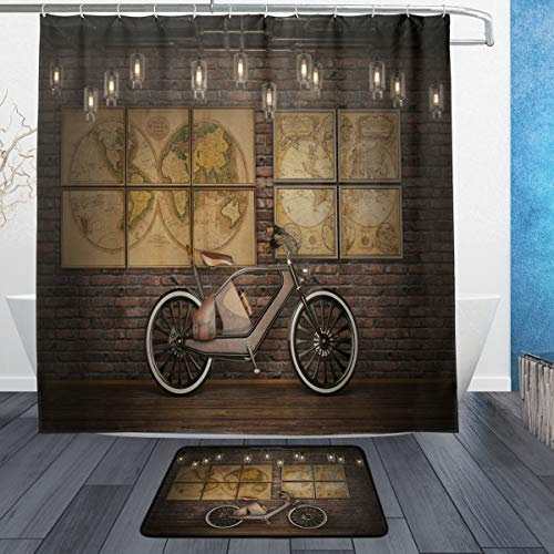 Wamika Duschvorhangmatten-Set, Vintage-Design, Vintage-Design, Motiv: Weltkarte, Rutschfest, 180 x 180 cm, Braun