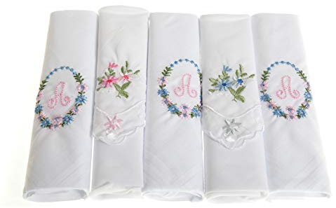 Surf the Shop Damen-Taschentücher mit Initialen, bestickt, mit Satin-Bordüre und passenden floralen Handtaschen, verschiedene Buchstaben, 5 Stück Gr. 5 Packung, Brief a