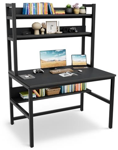 Aquzee Schreibtisch mit Stall und Bücherregalen, robuster schwarzer Computertisch für Heimbüro, Computertisch mit platzsparendem Design, 165,1 cm H x 119,9 cm B x 59,9 cm T, Metallbeine, Tisch mit