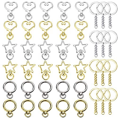 Nsiwem 30 Pièces Porte-clés Attache Porte Cle Métal Porte-clés Pivotants Porte-clés Mousqueton en Forme de Coeur Pentagramme et Cercle et 30 pcs Anneaux Porte-clés de 25 mm avec Chaîne