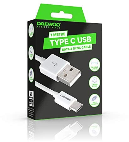 Daewoo ELA1346 1 Metre USB Type-C Charge Cable for Date & Sync Connection, Power Level 5V 1A, Use with Compatible Adaptor